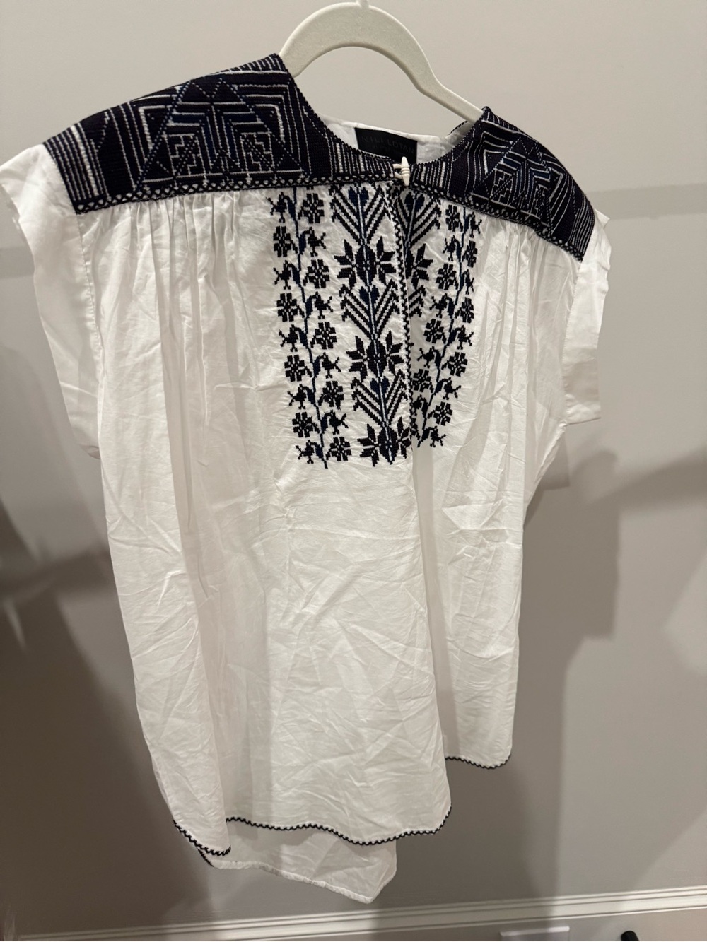 Nili Lotan White Cotton Tunic with Navy Embroidery